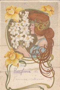 Early art nouveau glamour lady flowers fantasy postcard ( crease )