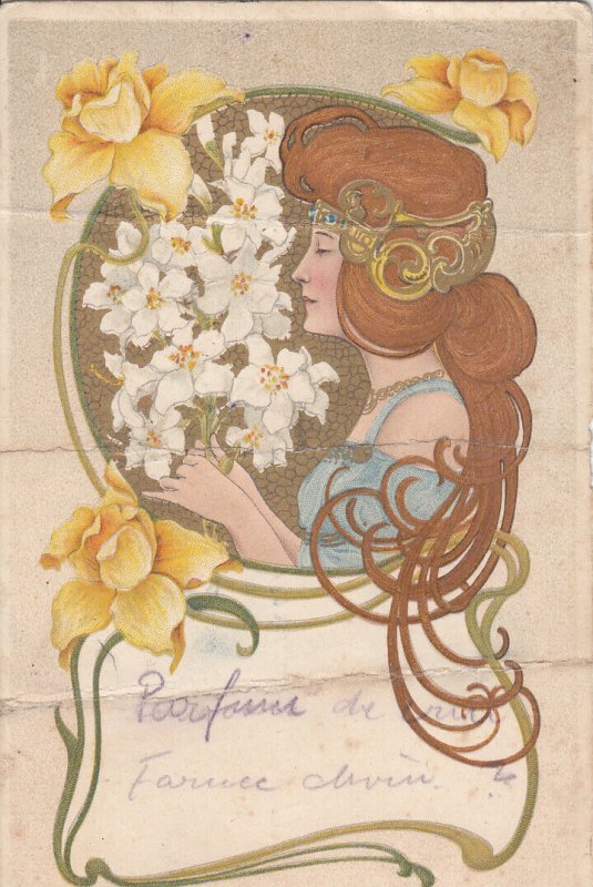 Early art nouveau glamour lady flowers fantasy postcard ( crease )