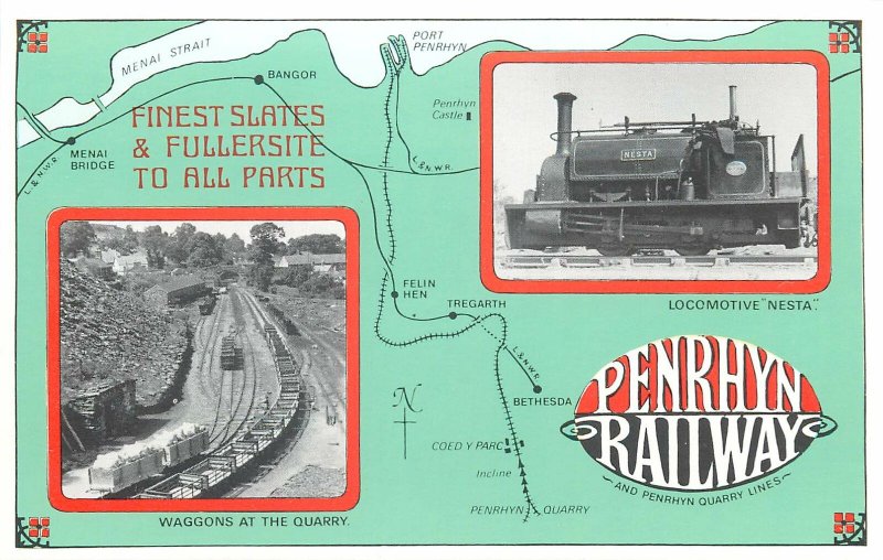 Padarn Penrhyn welsh slate quarries railway map route locomotive Nesta Postcard