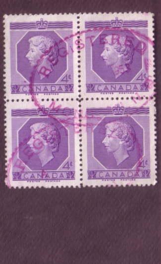 Canada, Used Block of Four, Elizabeth II, 4 Cent, Scott #330, Registered Canc...