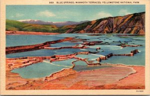 Blue Springs Mammoth Terraces Yellowstone National Park WY Linen Postcard 