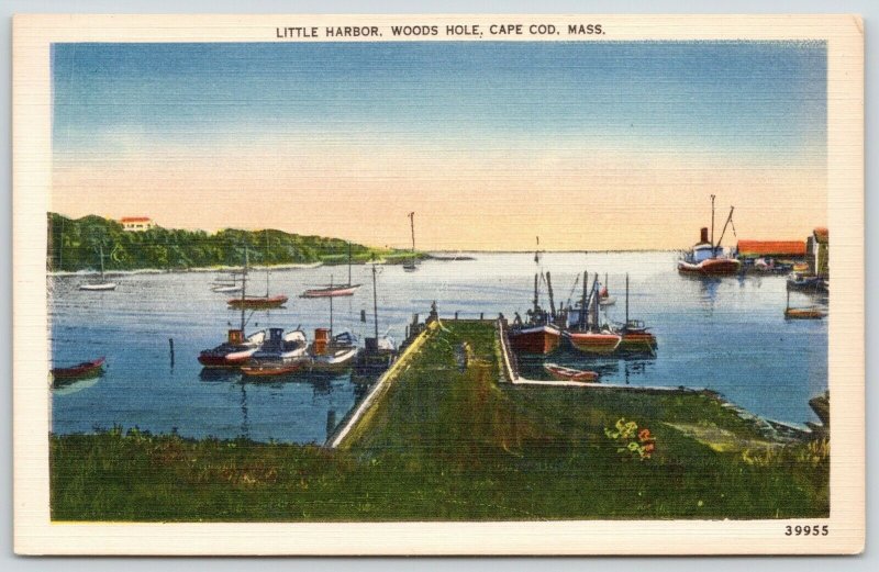 Woods Hole~Cape Cod Massachusetts~Boats in Little Harbor~1940s Linen Postcard 