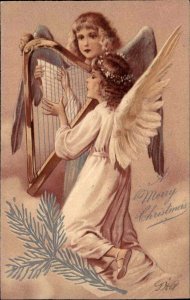 PFB Serie 6371 Christmas Child Angels Harp Embossed c1910 Vintage Postcard