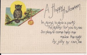 HALLOWEEN Greetings,Owl, Full Moon, Jack-o-Lantern Pumpkin, 1910's, Unwritten VG