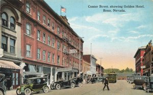 Reno NV Center Street Trolley Golden Hotel Old Cars Postcard