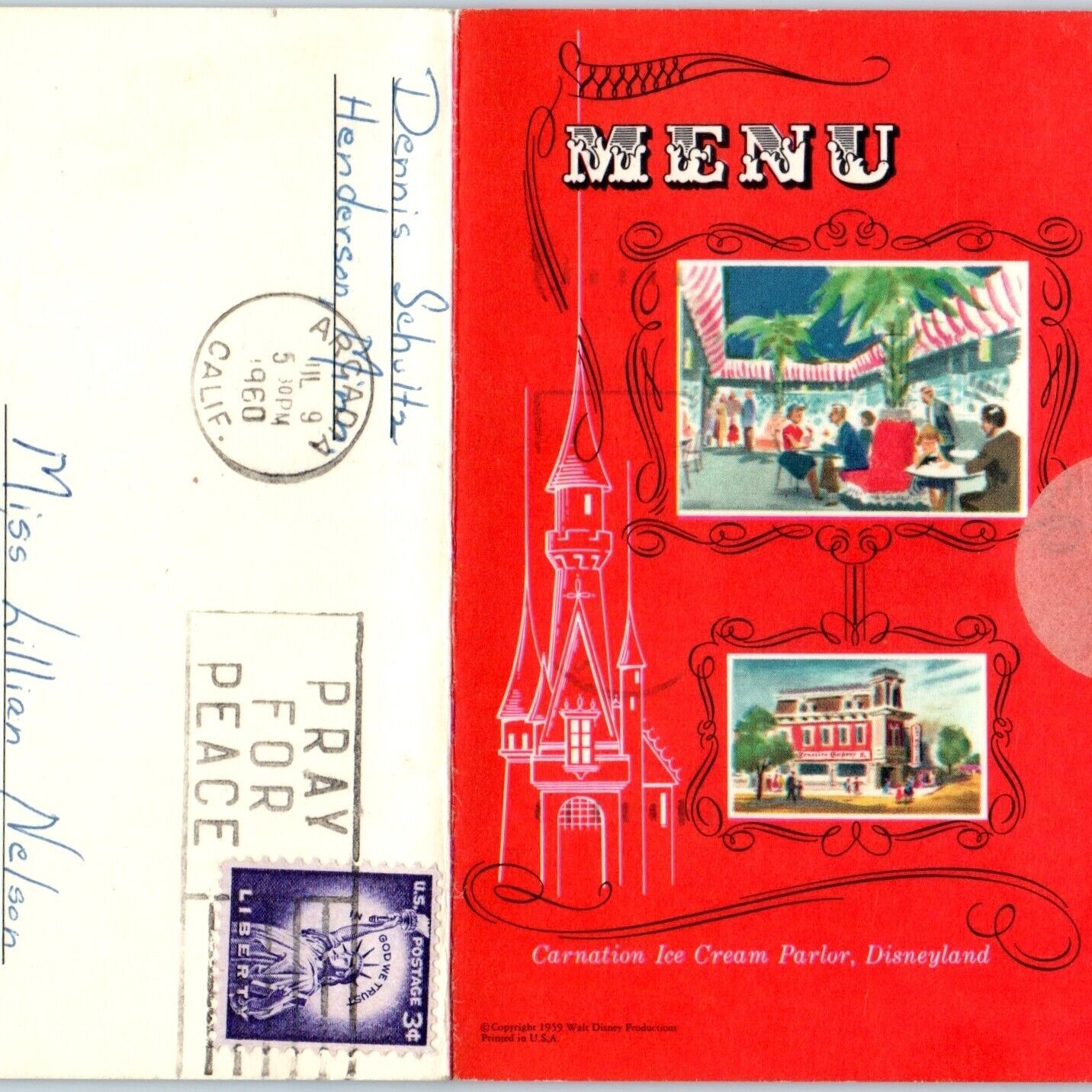 1959 Anaheim, CA Disneyland Ice Cream Parlor Cafe Menu Postcard Card