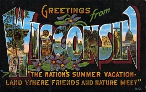 Linen Era, Large Letter, Greetings from Wisconsin, WI., Old Postcard  