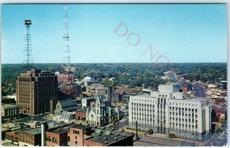 c1960s Des Moines, IA Birds Eye Downtown Bankers Life Churches Chrome Photo A144