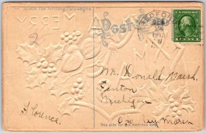 1913 A Merry Christmas Embossed Holy Leaf Cherry Bird Posted Postcard