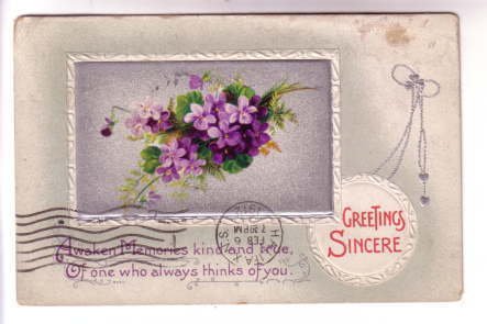 Embossed, Violets, Greetings Sincere, Silver, Used 1908