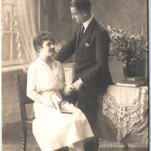 c1910s Lovely Young Lady w Book Handsome Man RPPC Couple Romance Real Photo A138