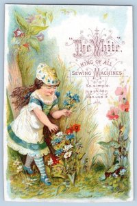 1880's WHITE IS KING SEWING MACHINE GIRL PICKING FLOWERS VICTORIAN TRADE CARD