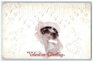 1912 Valentine Greeting Pretty Woman Big Hat Hearts Gibson Embossed Postcard 