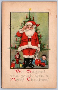 K39/ Santa Claus Christmas Postcard c1910 Salute Bunny Children Tree 36