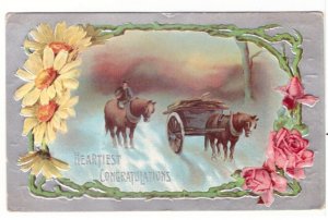 Heartiest Congratulations, Horse, Wagon, Flowers, Antique 1911 Greeting Postcard