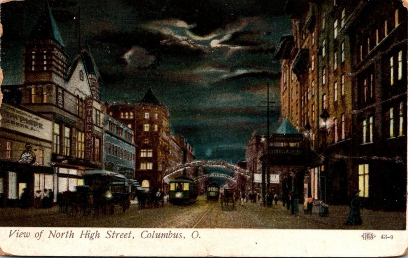 Ohio Columbus View Of Trolleys On North High Street At Night