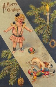 A Merry Christmas Young Girl & Dog with Clown Doll Embossed Postcard