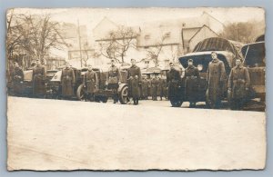 AMERICAN ARMY w/ MILITARY TRUCKS ANTIQUE REAL PHOTO POSTCARD RPPC