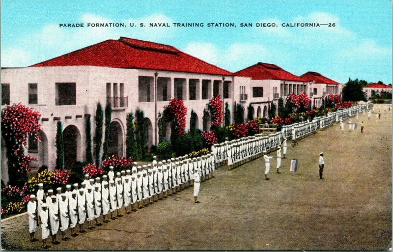 Vtg Linen Postcard San Diego CA US Naval Training Station Parade Formation UNP