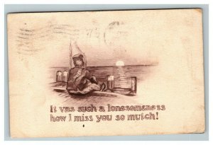 Vintage 1900's Cobb Shinn Postcard Wooden Shoe Dutch Boy on a Pier Sepia Print