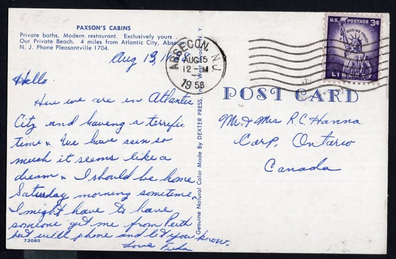 New Jersey Paxson's Cabins 4 Miles from ATLANTIC CITY - pm1958 1950s-1970s