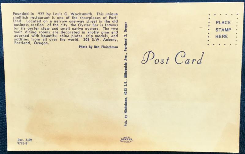 Postcard Unused Oyster Bar Wachsmuth Portland OR LB