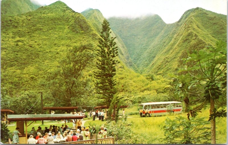 Postcard HI Maui - Kepaniwai Park - tourists and bus