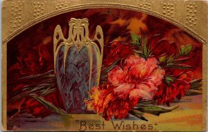 Art Nouveau Vase Gold Flowers Best Wishes embossed Postcard D Series A No 7