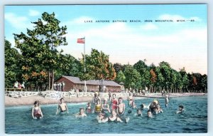 IRON MOUNTAIN, Michigan MI ~ Swimmers LAKE ANTOINE Beach c1940s Linen Postcard