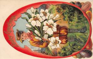 F30/ Easter Postcard Holiday Greetings c1910 Egg Border Boy Flowers 5