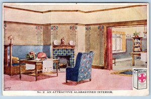 1910's ALBASTINE ADVERTISING POSTCARD HOME INTERIOR VIEW FANCY BACK POSTCARD