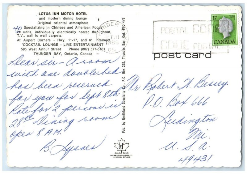 1980 Lotus Inn Motel Thunder Bay Ontario Canada Vintage Multiview Postcard