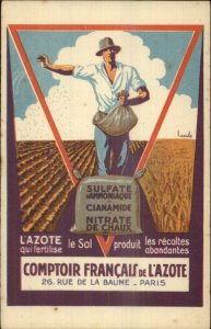 Poster Art Farmer Sowing Seeds Agriculture L'AZOTE Fertilizer c1920 Postcard