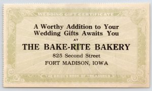 Fort Madison~Bake-Rite Bakery Wedding Gift Certificate~Bride's Book of Treasures