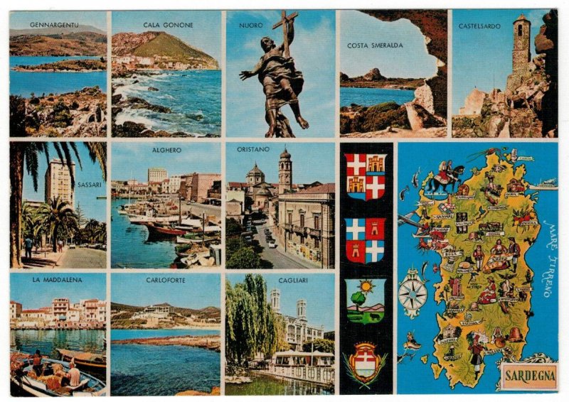 Italy 1975 Unused Postcard Sardinia Views Towns Map Coats of Arms Architecture