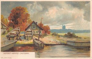 HERBST-HERFST L'AUTOMNE AUTUMN ROWBOATS HOLD TO LIGHT NOVELTY POSTCARD (c. 1905)