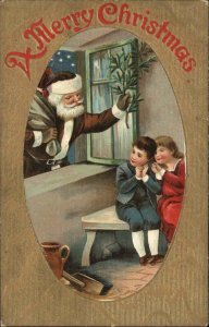 Christmas Santa Claus Brown Coat Thru Window Children ECC #64 Postcard