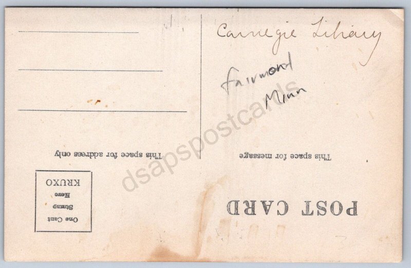 K20/ Fairmont Minnesota RPPC c1910 Postcard Carnegie Library 321