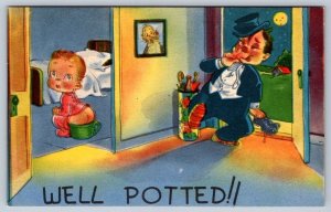 Child On Potty, Drunk Father, Well Potted, Vintage Metrocraft Comic Postcard NOS