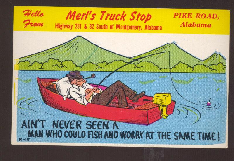 PIKE ROAD ALABAMA MERL'S TRUCK STOP FISHING COMIC ADVERTISING OLD POSTCARD