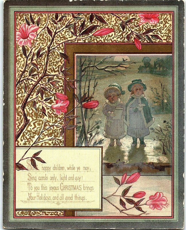 1880's Victorian Christmas Card Poem Children In Snow Moon Floral Border &U