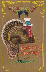 THANKSGIVING, PU-1909; Greetings, Wild Turkey wearing star spangled top hat