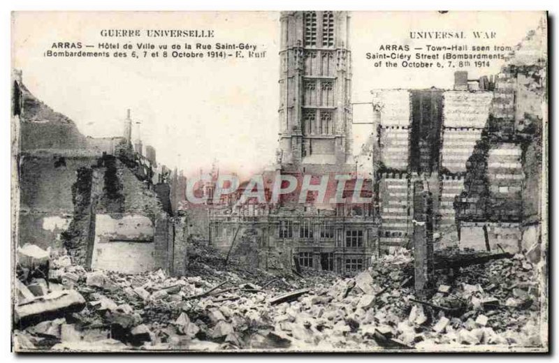 Old Postcard Arras Town Hall seen from the street Saint Gery Militaria