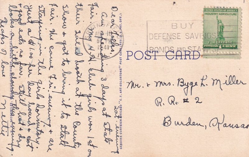 Springfield Illinois IL Lincoln Tomb 1941 to Burden Kansas Postcard D13
