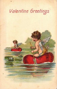 c.1910, Cupids Rowing Hearts, Old Valentine Greeting,  Valentine,Old Post Card