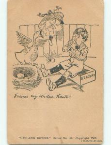 Unused Pre-1907 comic GIRL CLIMBS OVER FENCE WHILE BOY SUCKS ON EGG k3154