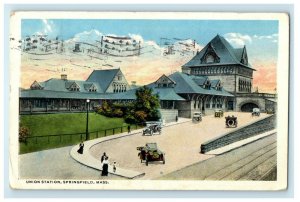 1917 View Of Union Station Cars Springfield Massachusetts MA Antique Postcard