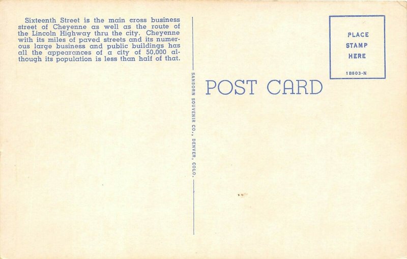 Cheyenne Wyoming 1940s Postcard Sixteenth Street Lincoln Highway Plain Hotel