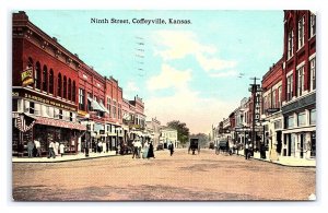 Postcard Ninth Street Coffeyville Kansas c1913 Signs Storefronts Horse & Buggy