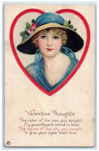 c1910's Valentine Greetings Pretty Woman Heart Big Hat Flowers Embossed Postcard